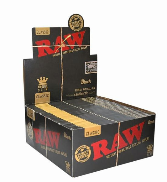 Raw Classic King Size Slim Natural Unrefined Rolling Papers - Black - Box Of 50 - Vape wholesale supplies