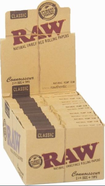 Raw Classic Natural Unrefined Rolling Papers + Tips - Connoisseur - 1 1/4 - Pack Of 24 - Vape wholesale supplies