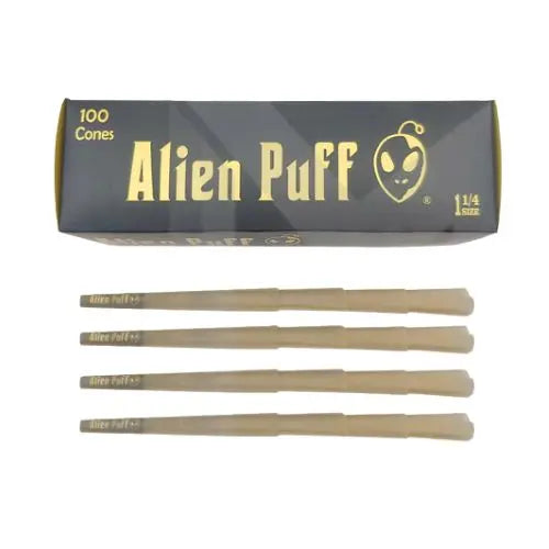 100 Alien Puff Black & Gold 1 1/4 Size Pre-Rolled Cones ( HP130 ) IN UK