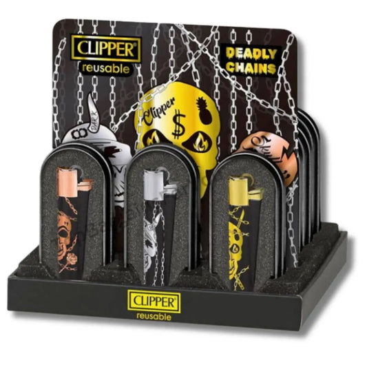 BUY 12 Clipper CMP11RH Metal Large Flint Deadly Chains Lighters - CM3S147UKX FROM Vape Wholesale Supplies