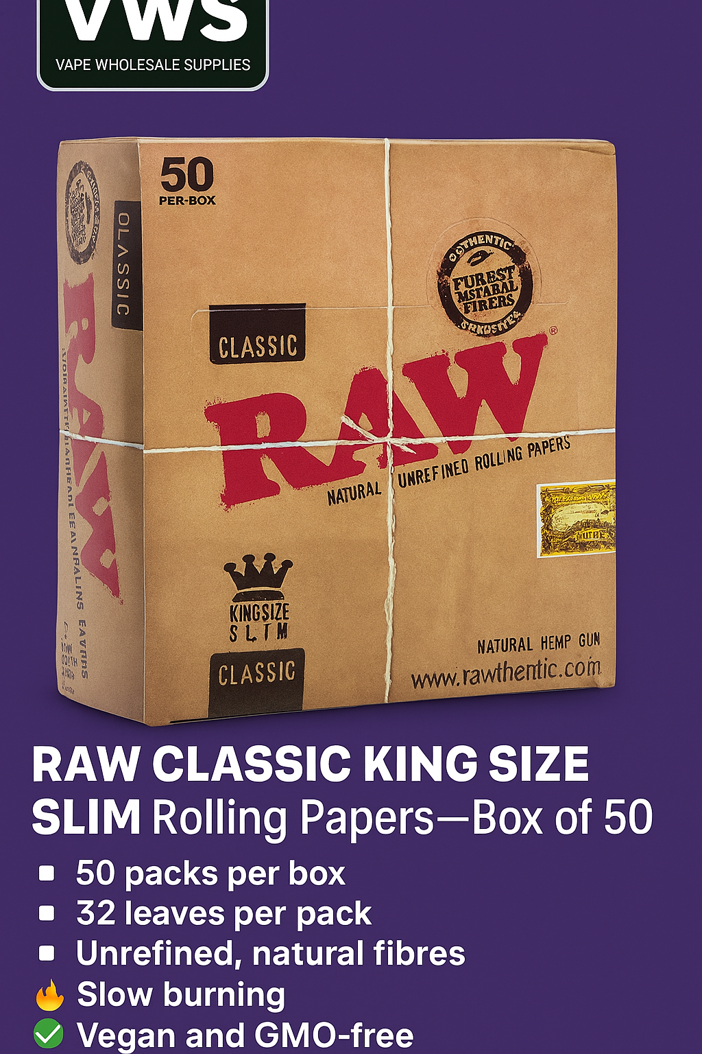 RAW Classic King Size Slim Rolling Papers – Box of 50 Packs RAW