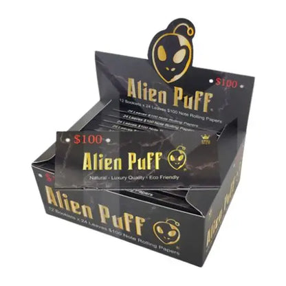 24 Alien Puff Black & Gold King Size $100 Note Rolling Papers ( HP176AP ) Vape Wholesale Supplies InUK