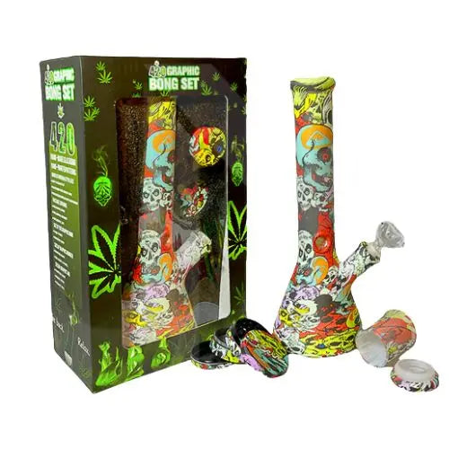 420 Graphic Glass Bong Set 14"+ 50mm 4Part Grinder + Stash Jar- OSH114 - GS1194 in UK