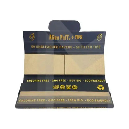 50 Alien Puff Black & Gold 1 1/4 Size Unbleached Brown Papers + Tips HP101 In UK