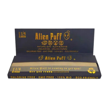Buy 50 Alien Puff Black & Gold 1 1/4 Size Unbleached Brown Rolling Papers ( HP104 ) In UK