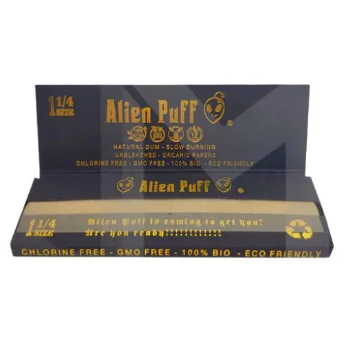 50 Alien Puff Black & Gold 1 1/4 Size Unbleached Brown Rolling Papers ( HP104 ) In UK